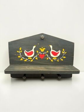 Vintage 80s Wooden Shelf w/ Pegs & Hand Painted Geese & Hearts Rack Trinket EUC